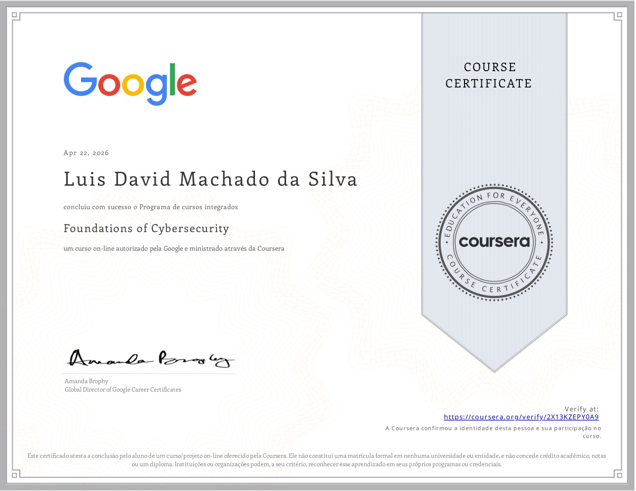 Certificado Foundations of Cybersecurity