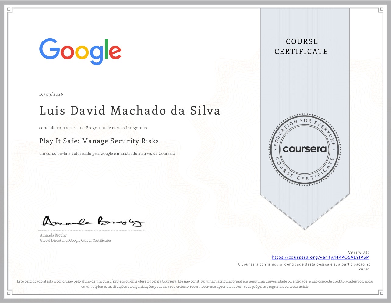 Certificado Play It Safe: Gerenciamento de Riscos de Segurança